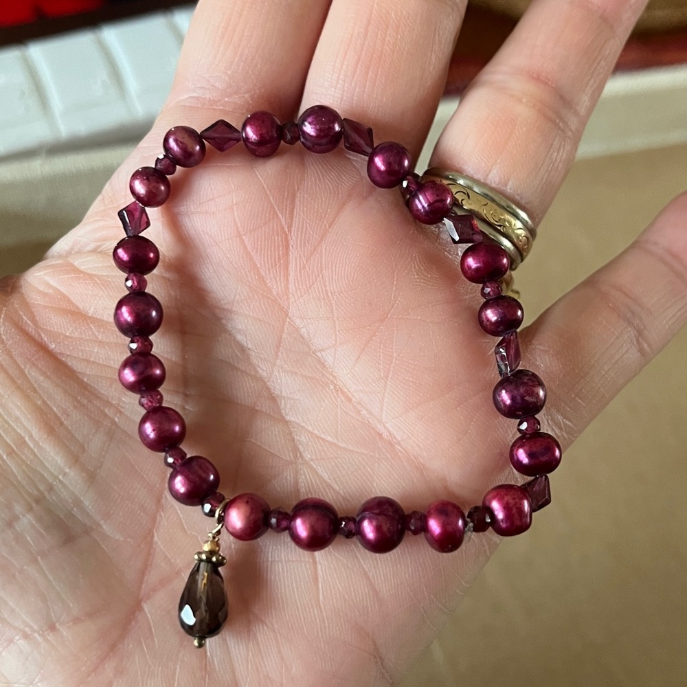 Freshwater Pearl Stretch Bracelet Genuine Smoky Quartz & Garnet